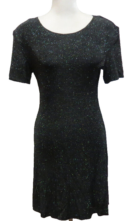 Black Sparkle Dress Rhinestones Pull-Over Stretch Form Fitted Swirl Bottom Sz 8