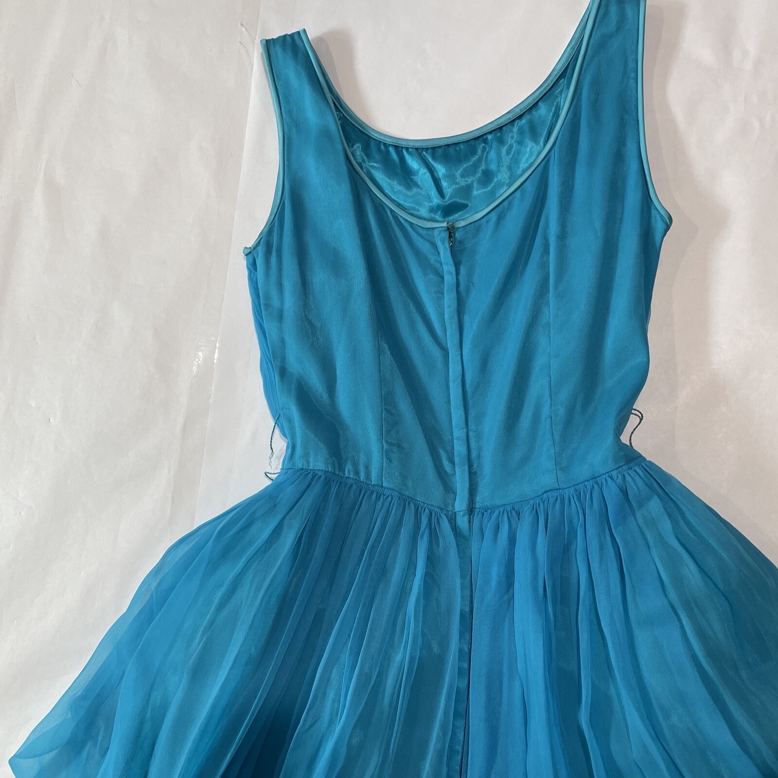 Vintage 50s 60s Chiffon Dress Prom Party Aqua Turquoise Waist 24 (SEE FLAWS