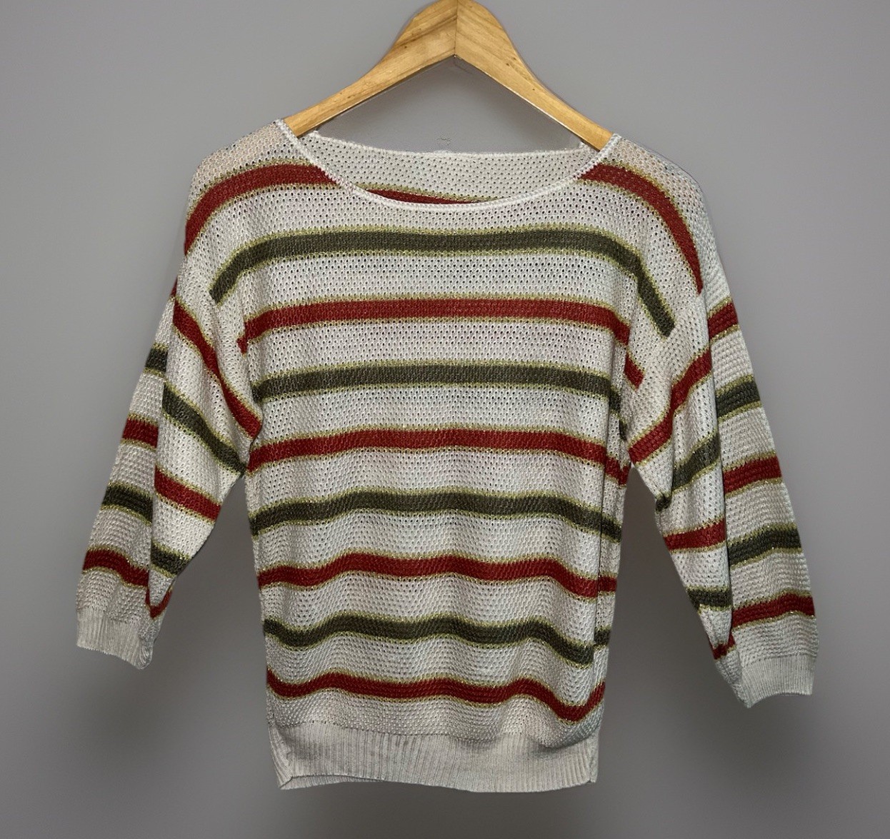 Vtg 70s 80s Striped Sweater Metallic Thread Fine Knit – Cream Olive Rust -Sz S/M