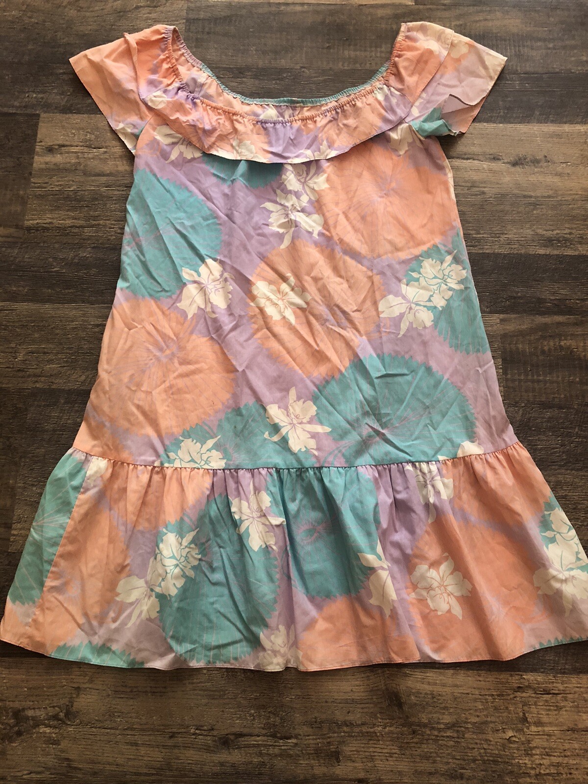 Vintage HILO HATTIE Light Blue&Peach Multicolor Floral Hawaiian Muumuu Dress ~XL