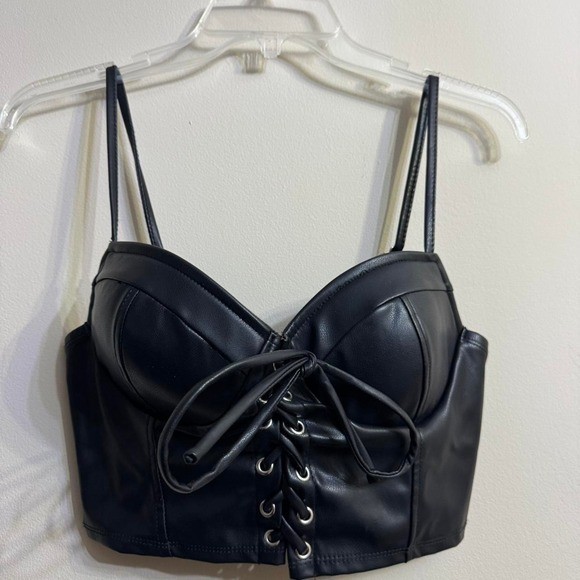 Blashe Black faux leather corset top with lace-up front and zipper back S