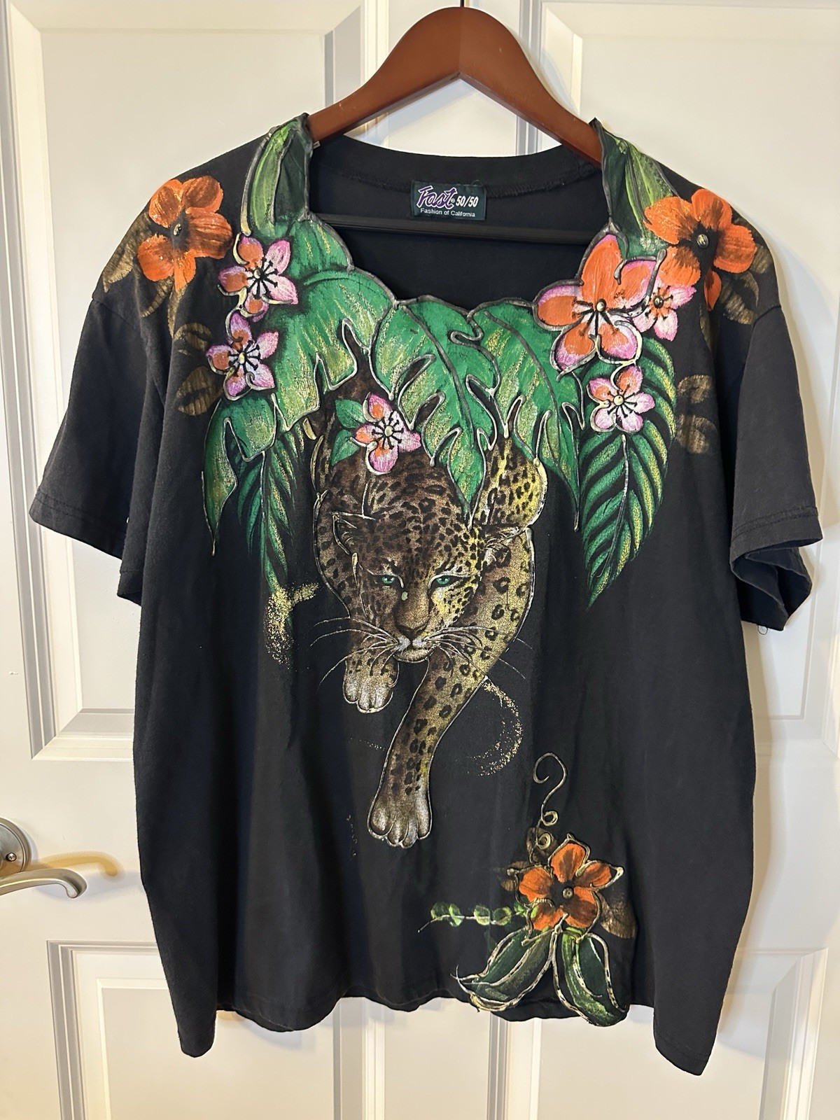 Vintage Wearable Art Leopard Jungle Tropical Floral Animal Print Graphic Tee XL