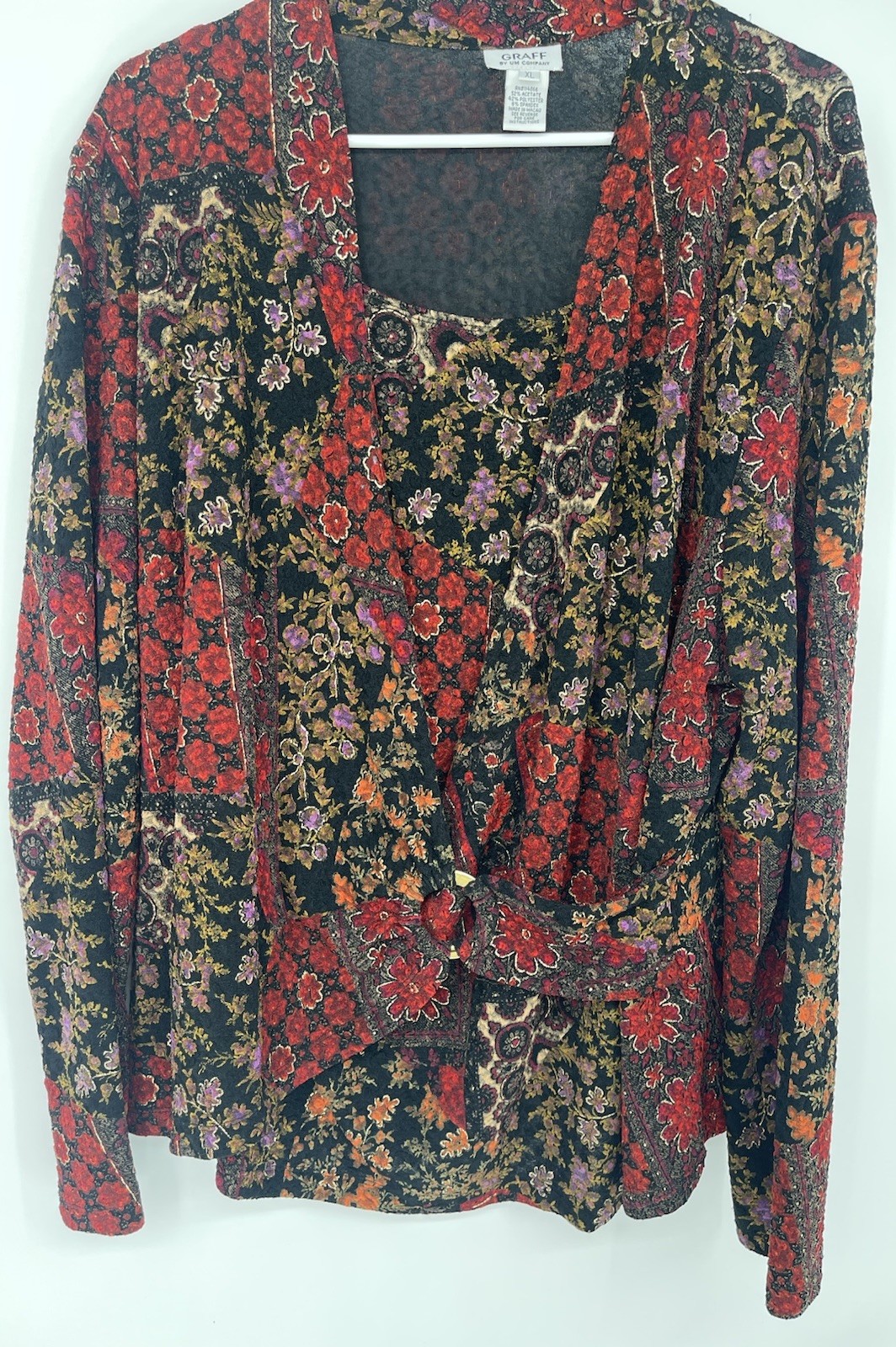 VTG Graff CA Blouse Top Floral Pullover Sz XL Wrap Faux 2 Pc Stretchy