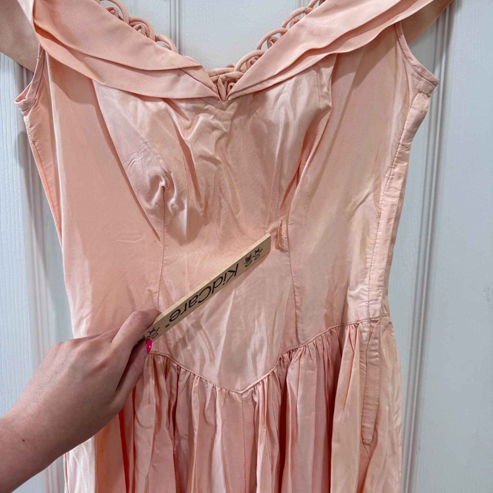 Vintage 40s 50s Peach Pink Taffeta Off Shoulder Gown Peplum Talon AS IS XS