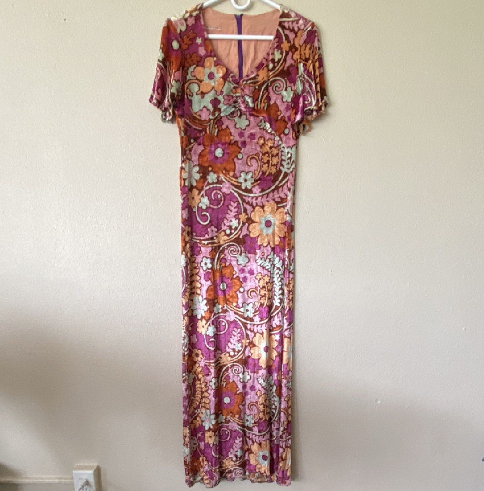 Vtg 70s MCM Boho Goddess Floral Stretch Velvet Pink Purple Maxi Dress Medium