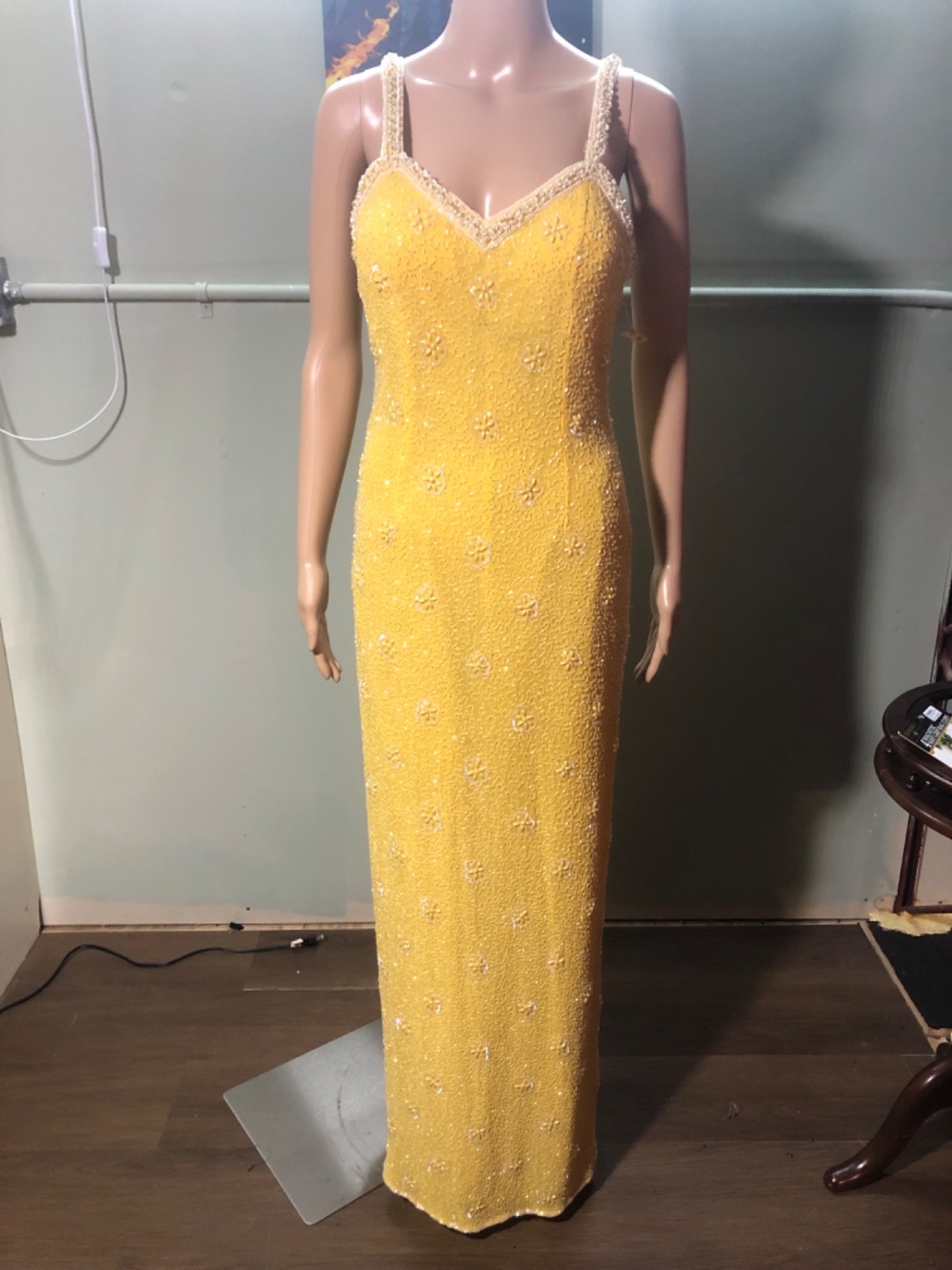 VTG 90s Niki&rsquo;s Touch Hand Beaded Yellow Silk Formal Prom Maxi Dress Gown Small