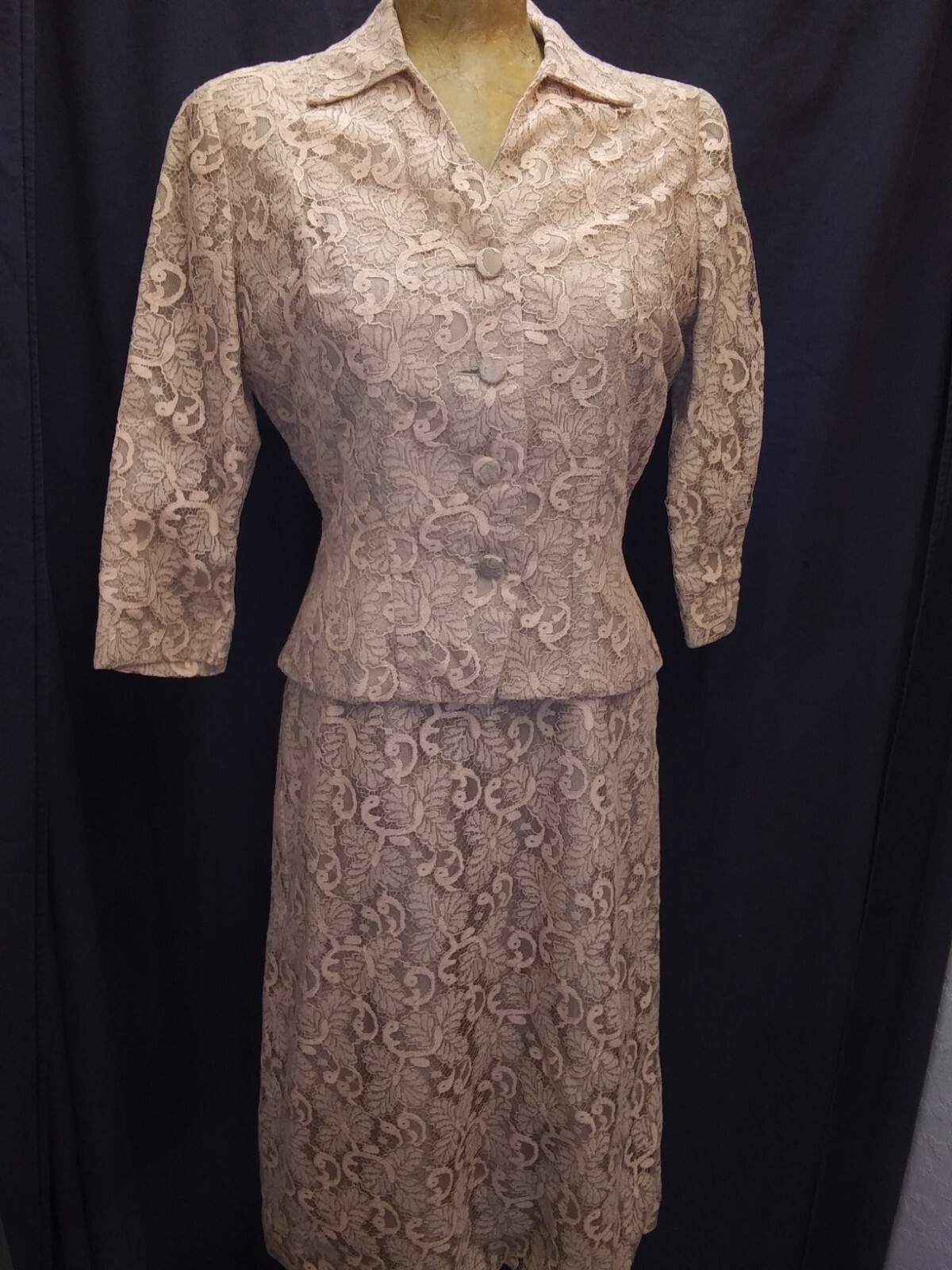 Vintage 1950&rsquo;s Tan Peach Lace Dress & Jacket Set A Melody Dress M