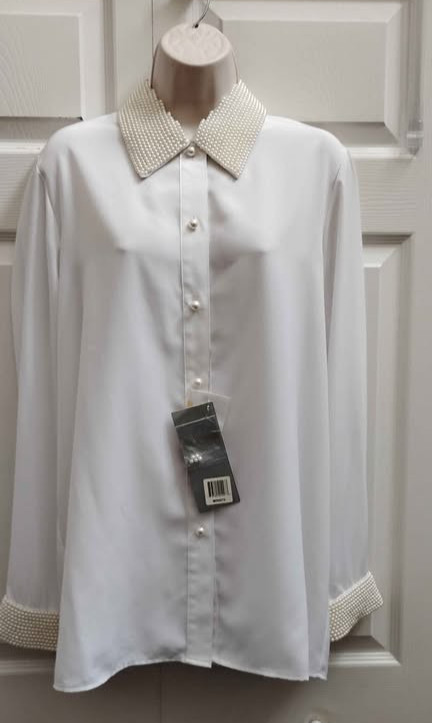Women&rsquo;s Size 14 Vintage Blouse White Long Sleeves Faux Pearl Trim NWT
