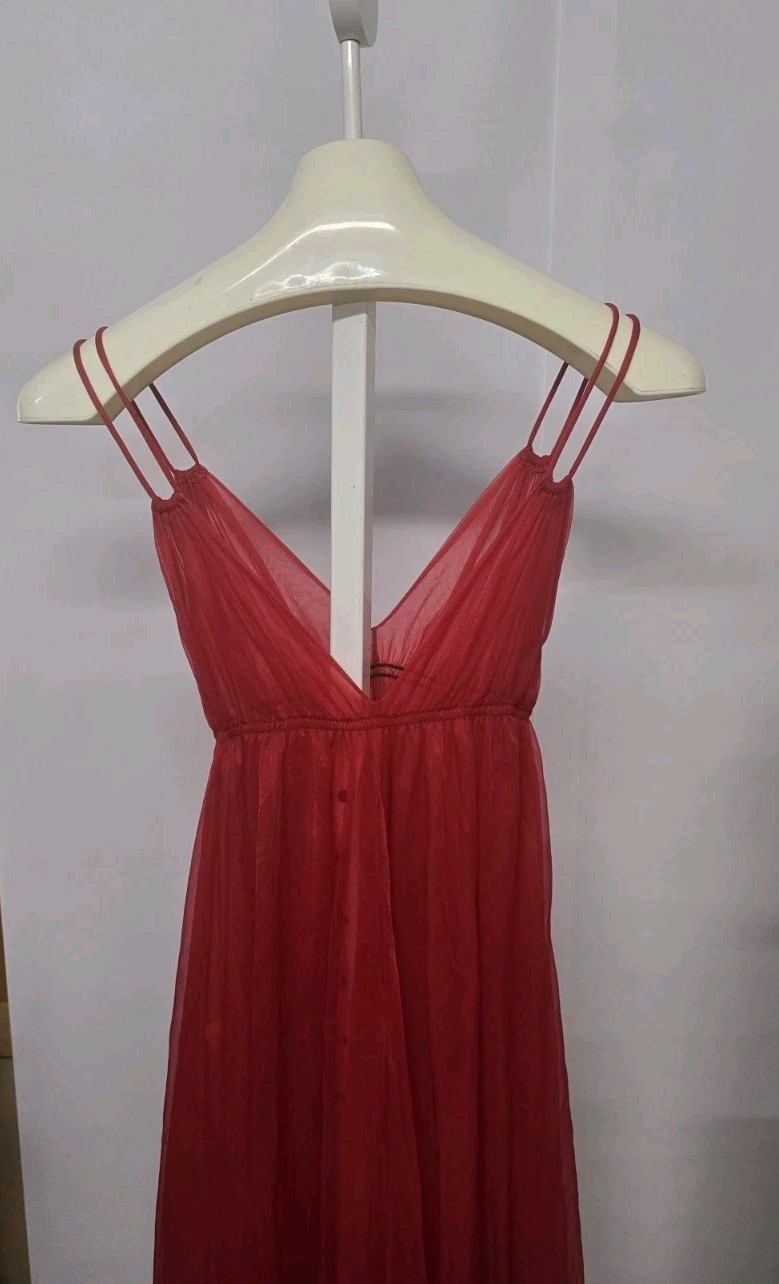 Intimé California Red Chiffon Nightgown Full Length, Double Layer Sheer Boudoir