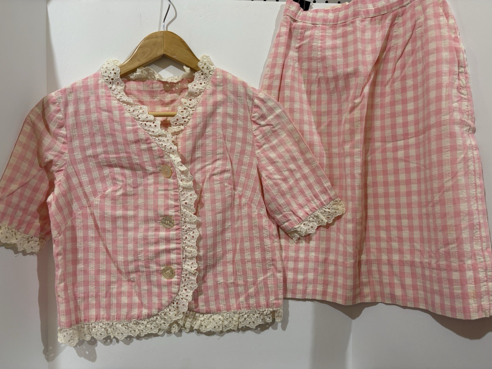 Vintage 60s Suit Skirt Pink Gingham W / Lace Xs-S Eden Roberts Short Sleeve