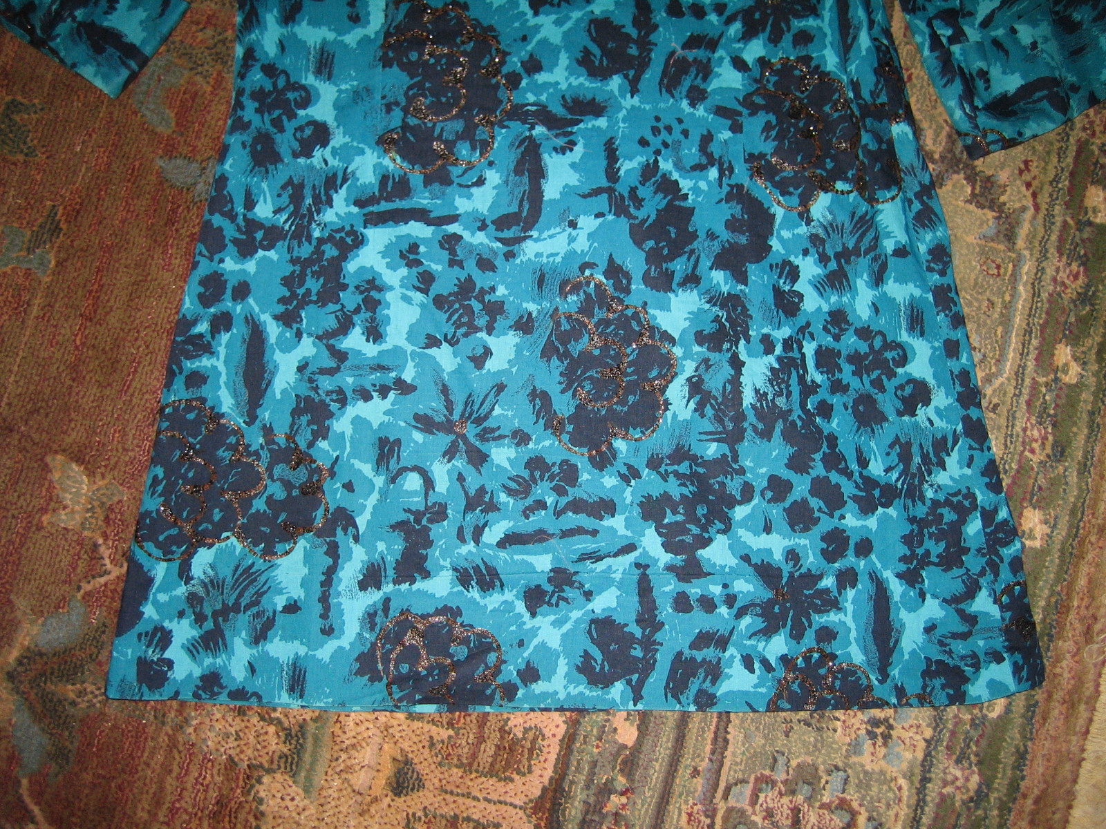 Vintage, Teal/Black Mandarin Collar Button Front 3/4 Sleeve Mini Dress/Tunic.