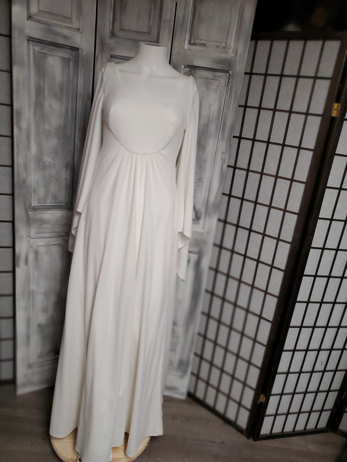 Vtg XS-S Wedding Dress 70s Full Angel Wing Sleeve boho medieval gothic Ooak gown