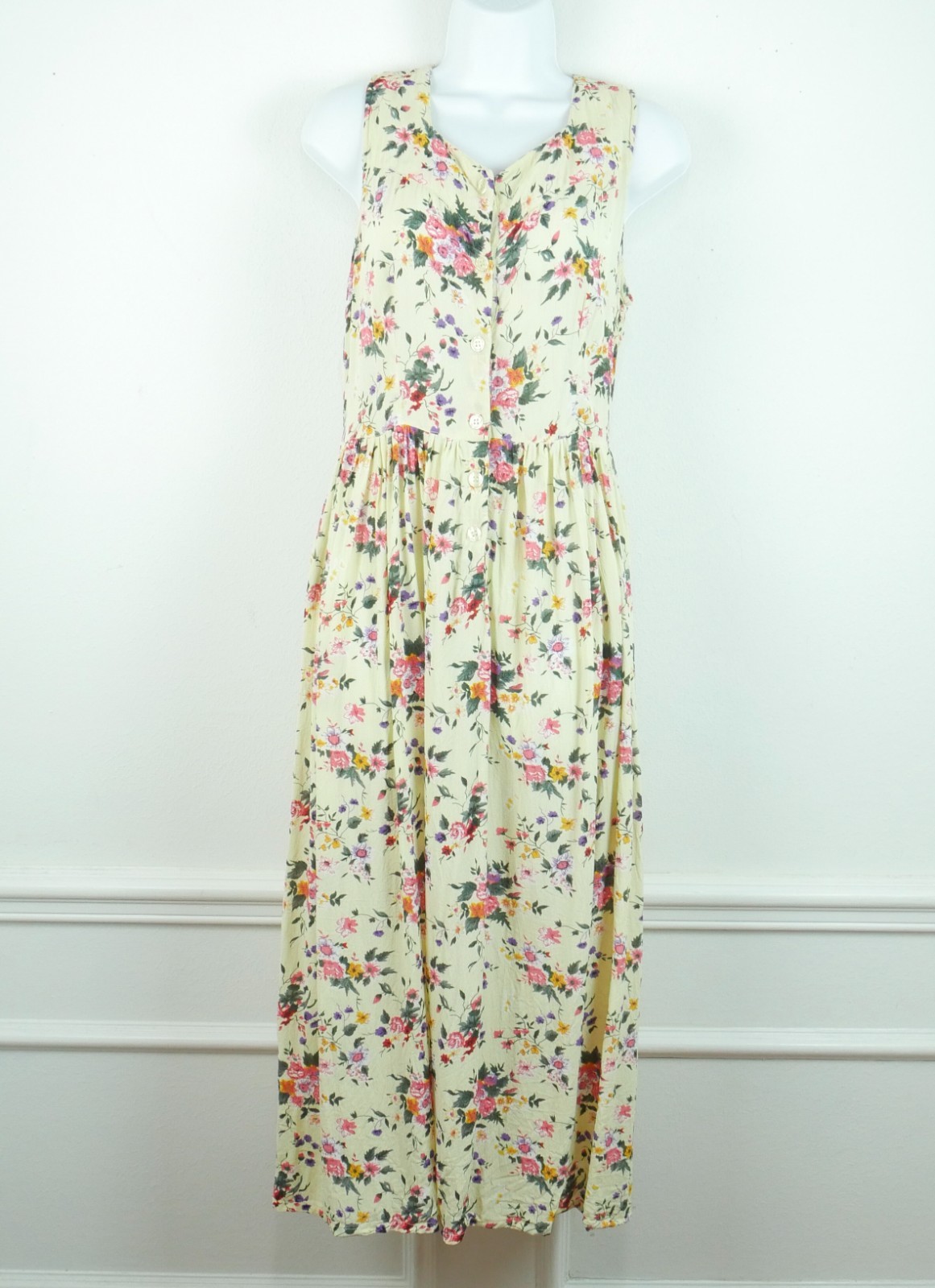 Vintage 90s Maxi Dress Butter Yellow Dainty Floral Cottagecore Tie Waist Medium