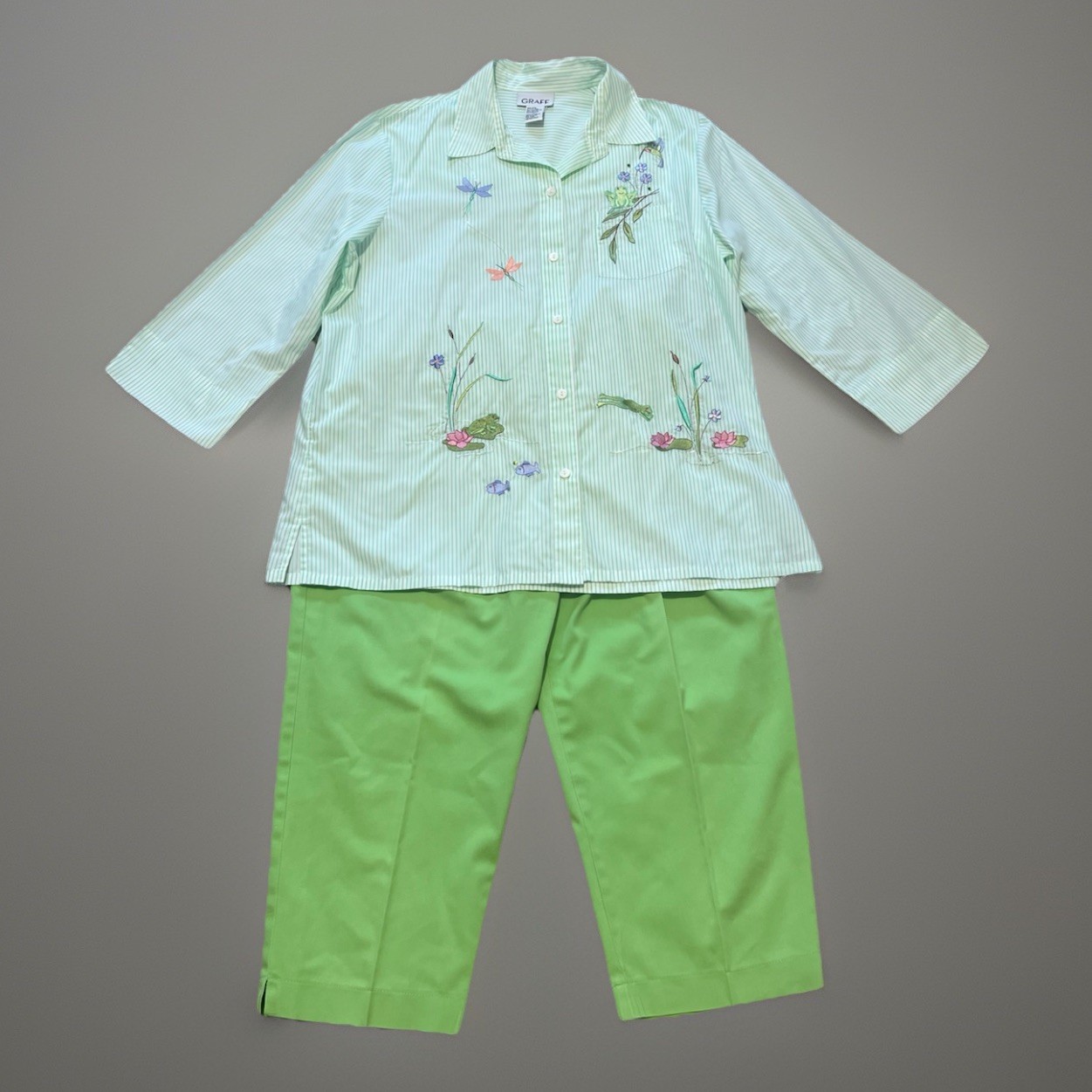 90s Graff 2pc Womens L Embroidered Spring Hummingbird Frog Shirt Capri Pants