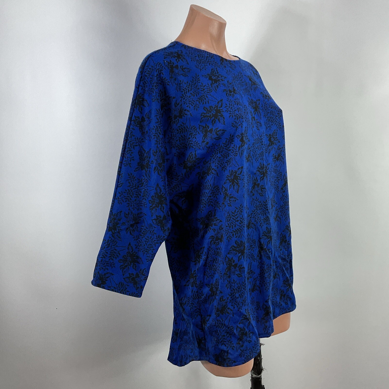 Vintage 80s C. E. Stanton Career Blue Floral Boat Neck Tunic Blouse Top sz M