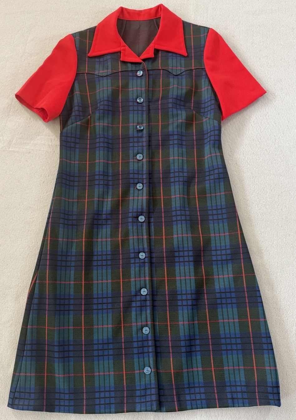 Vintage 60s 70s Plaid Mod Shift Dress Red Blue Tartan Short Sleeve S 34&Prime; Bust
