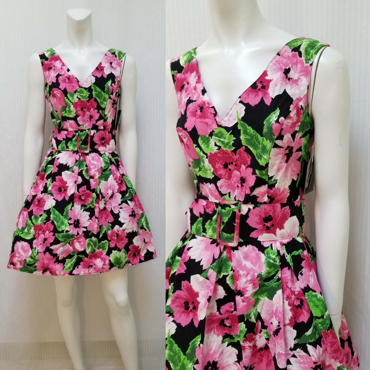 NWT Vintage 1980/90&rsquo;S BYER TOO! Pink Floral Rockabilly DRESS w/ BELT – Size S