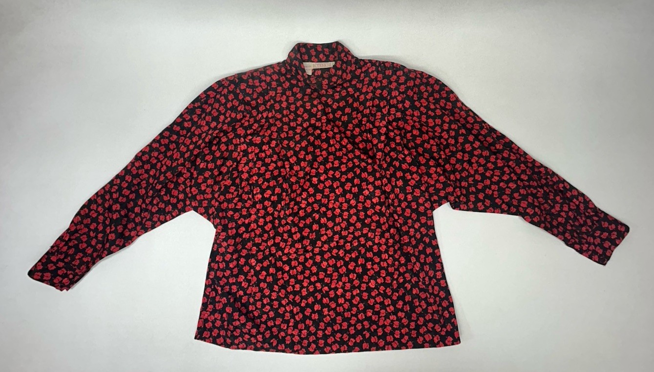Vintage 80-90s Tess Paris Milano Shoulder Button Blouse Red Leaves Design Size 8