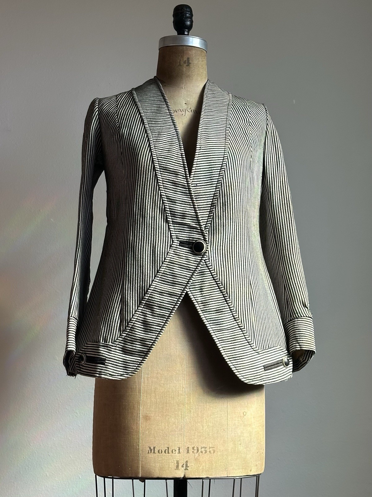 1910s Teens Edwardian Striped Wool Suit Jacket Celluloid Eye Buttons as is