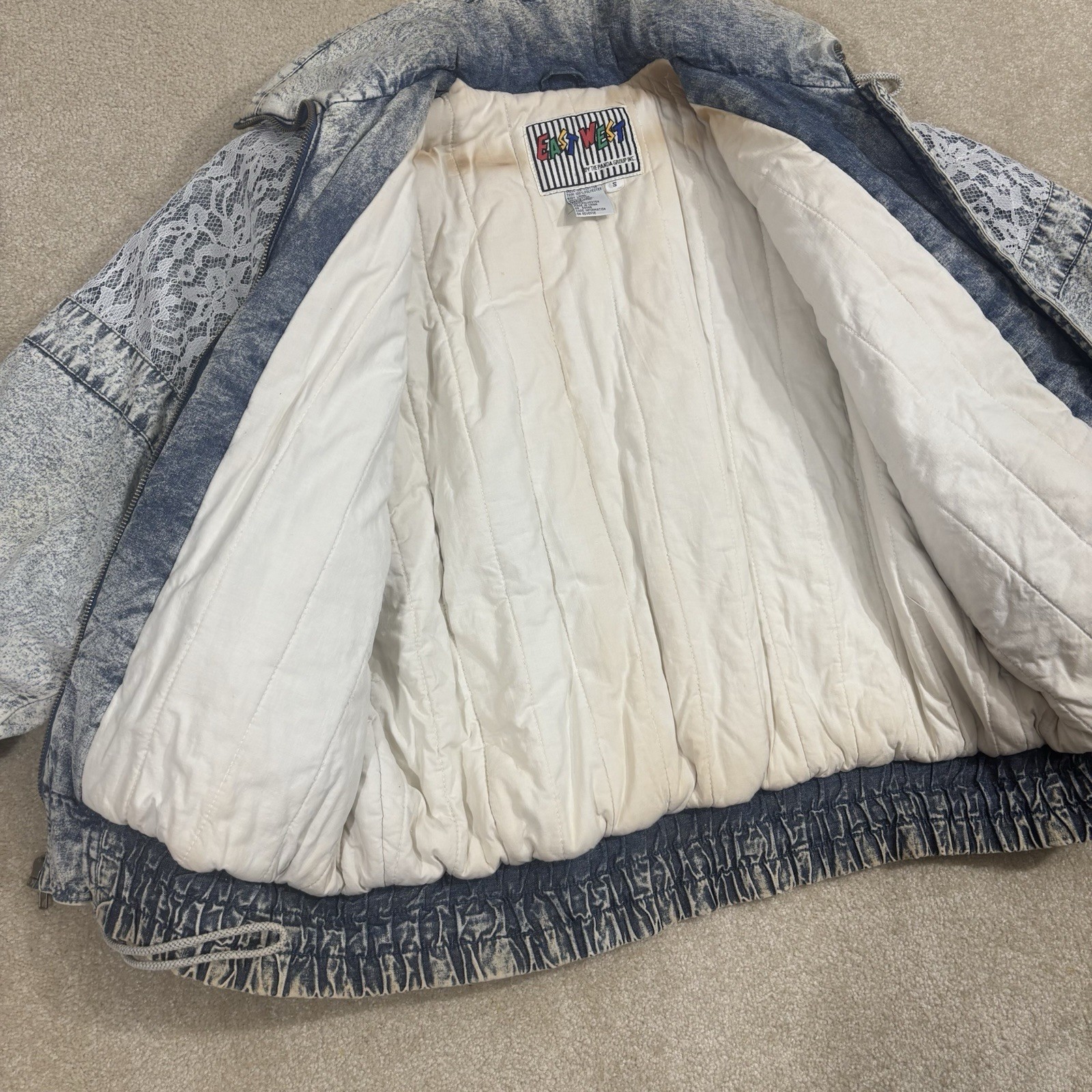 Vintage Original 80s East West Acid Wash Denim L Puffer Jacket Small Floral Lace