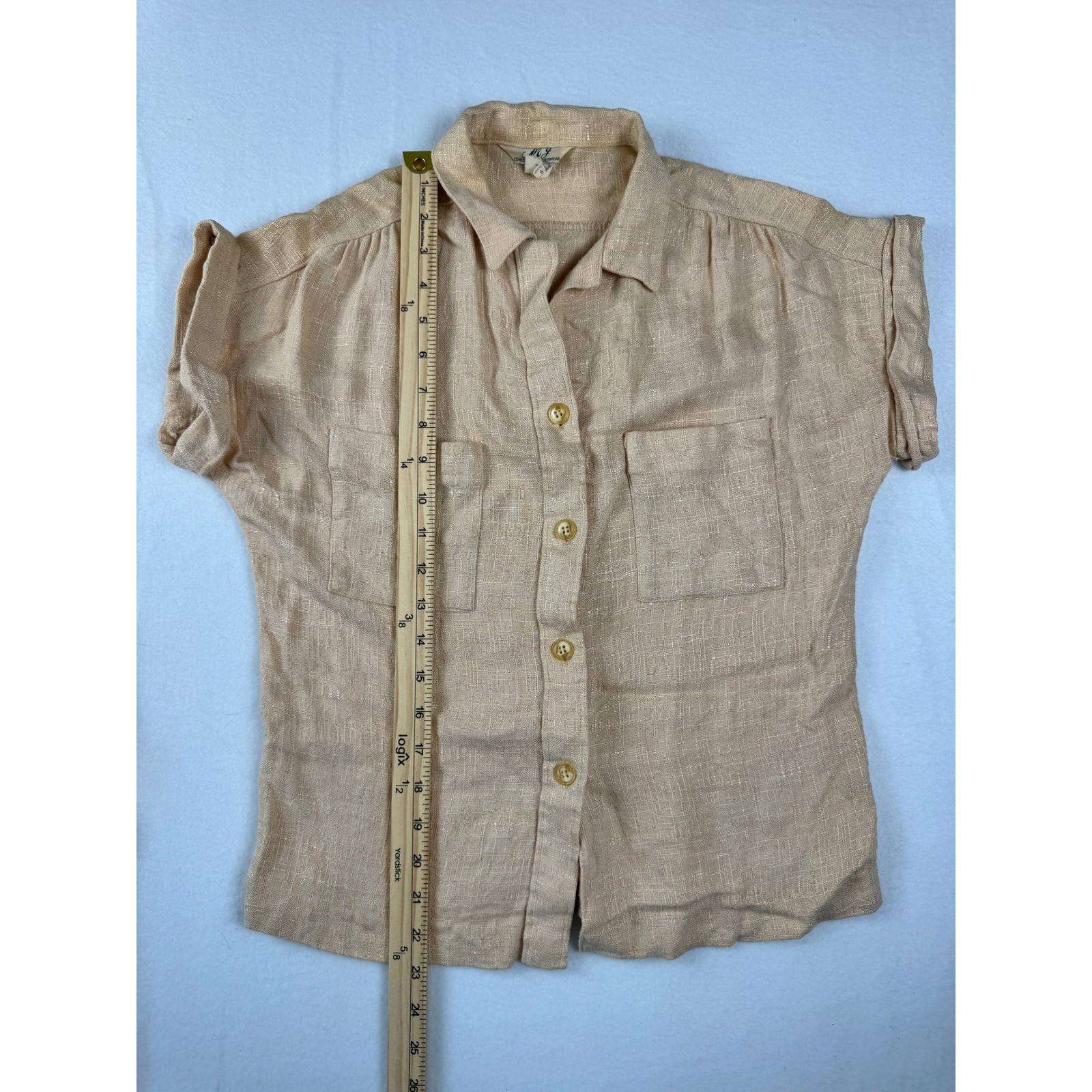 Vintage 70&rsquo;s Linen Blend Neutral Two Piece Skirt Set Tan Short Sleeve Top Midi