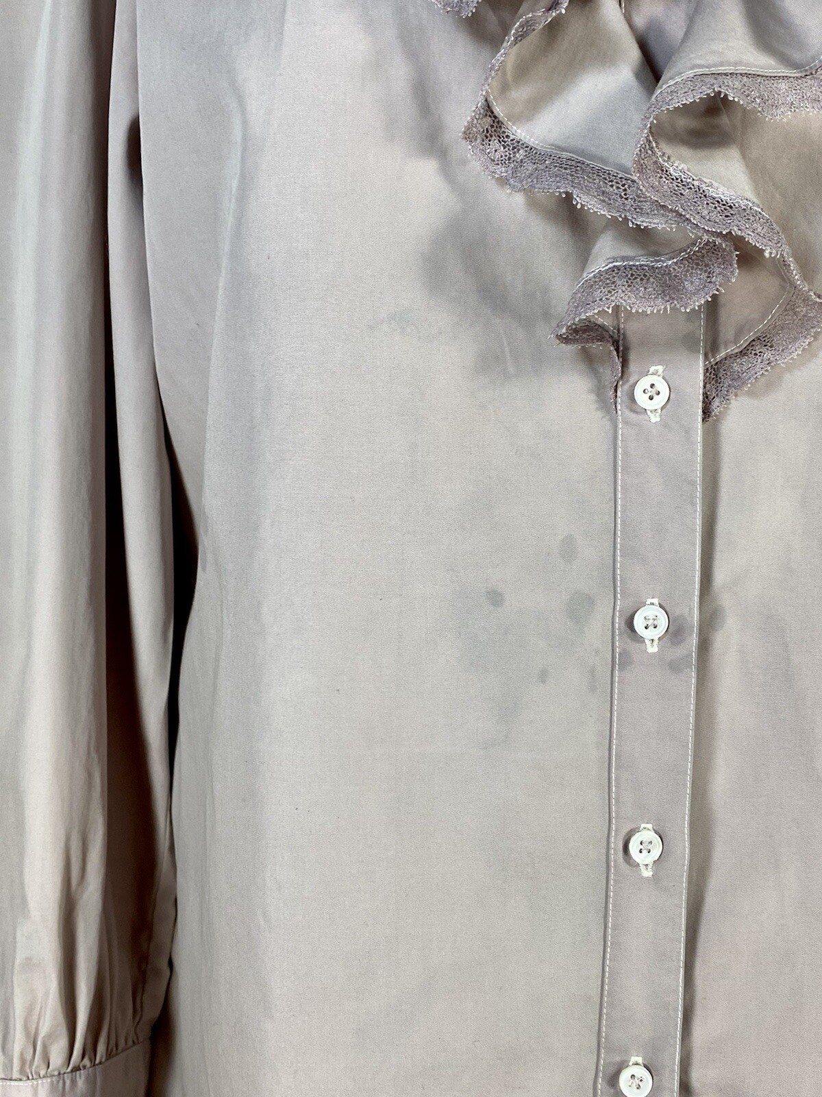 Vintage 1980&rsquo;s REGENCY style distressed over-dyed Lilac purple ruffle blouse Med