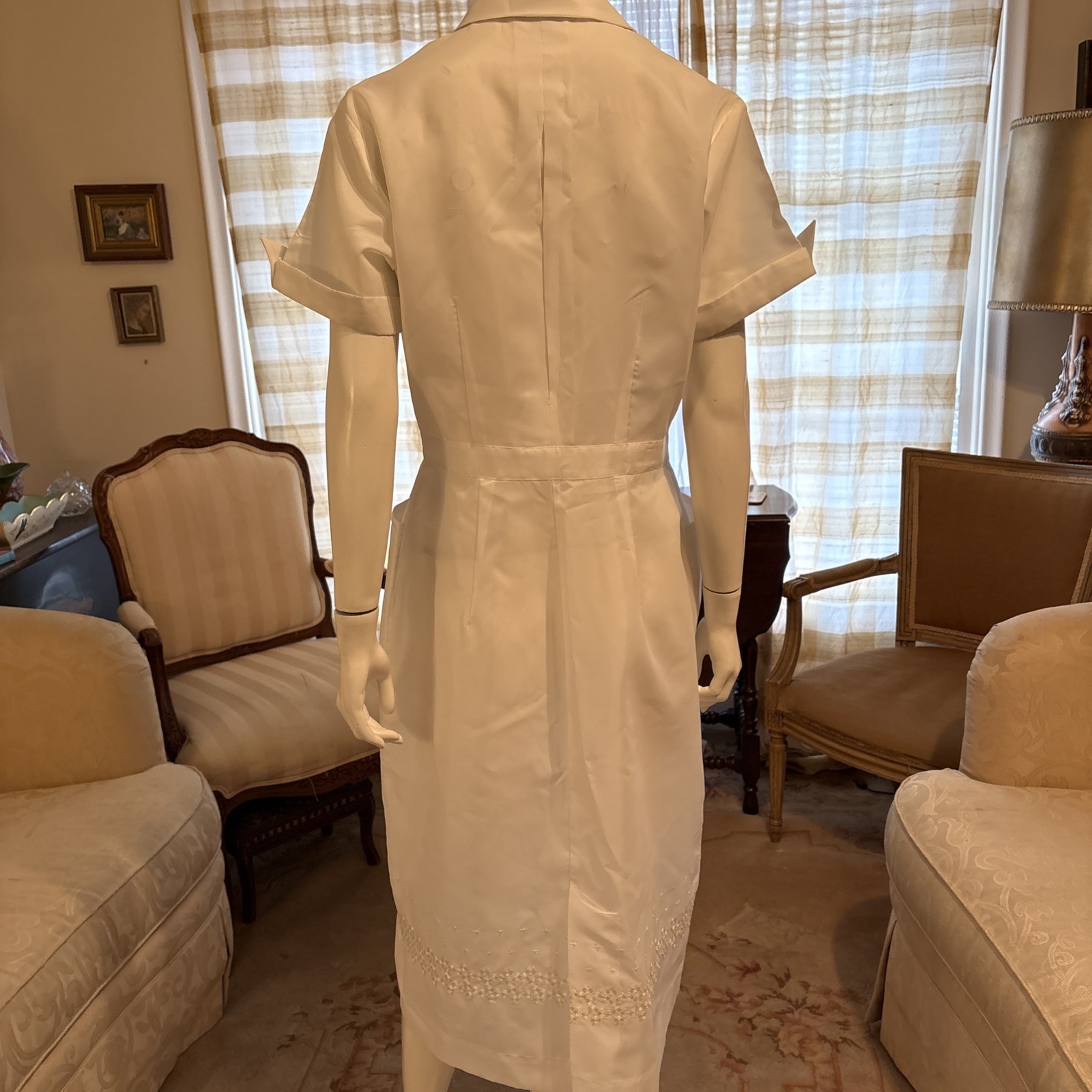 Vintage Nurse Waitress Uniform By Tiffs NY Embroidered Pockets Collar Sz L