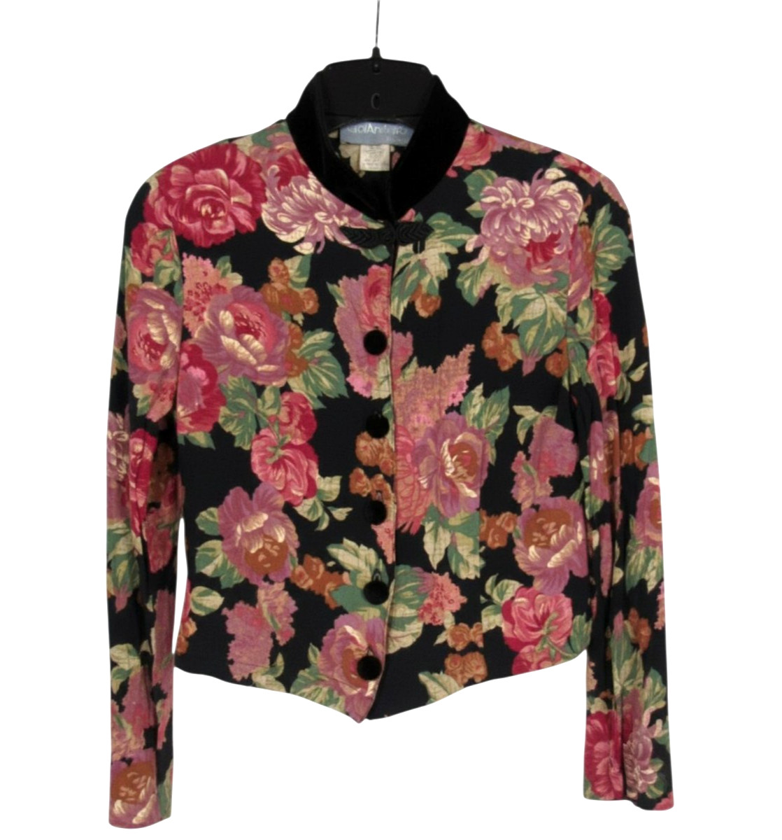 VTG 80&rsquo;s CAROL ANDERSON Black/Pink Floral CREPE Button-Up CROPPED Jacket/Top 8