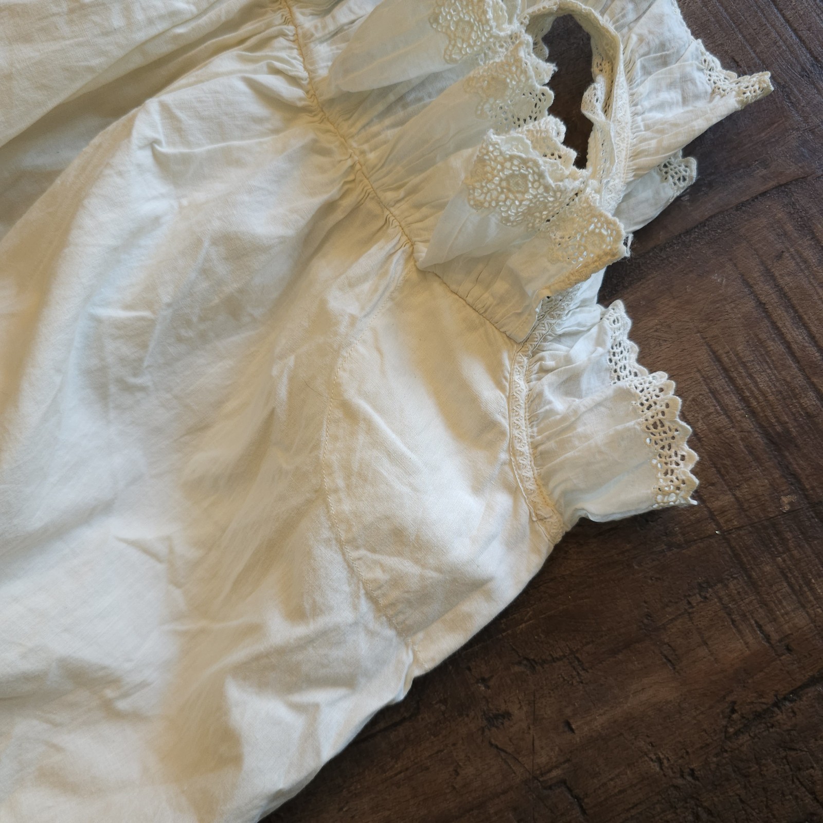 Antique Chemise Cream Lace Trim Slip Midi Dress w/ Ruffled Sleeves Edwardian