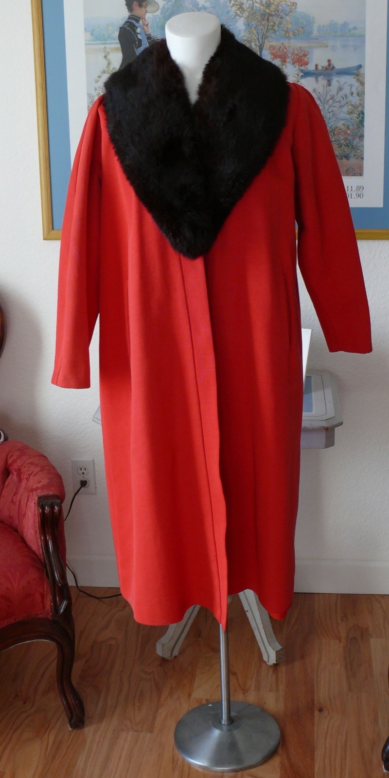 1950`s Red Faille` Silk & Rayon Blend Red Evening Coat with Black fur Collar
