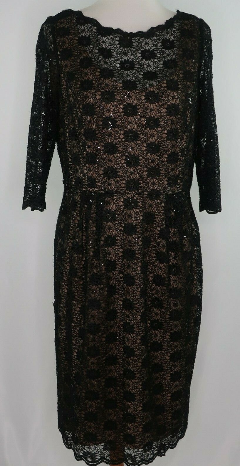 Alex Evenings Black Tan Lace Sequin Bodycon Evening Cocktail Party Dress Sz 14