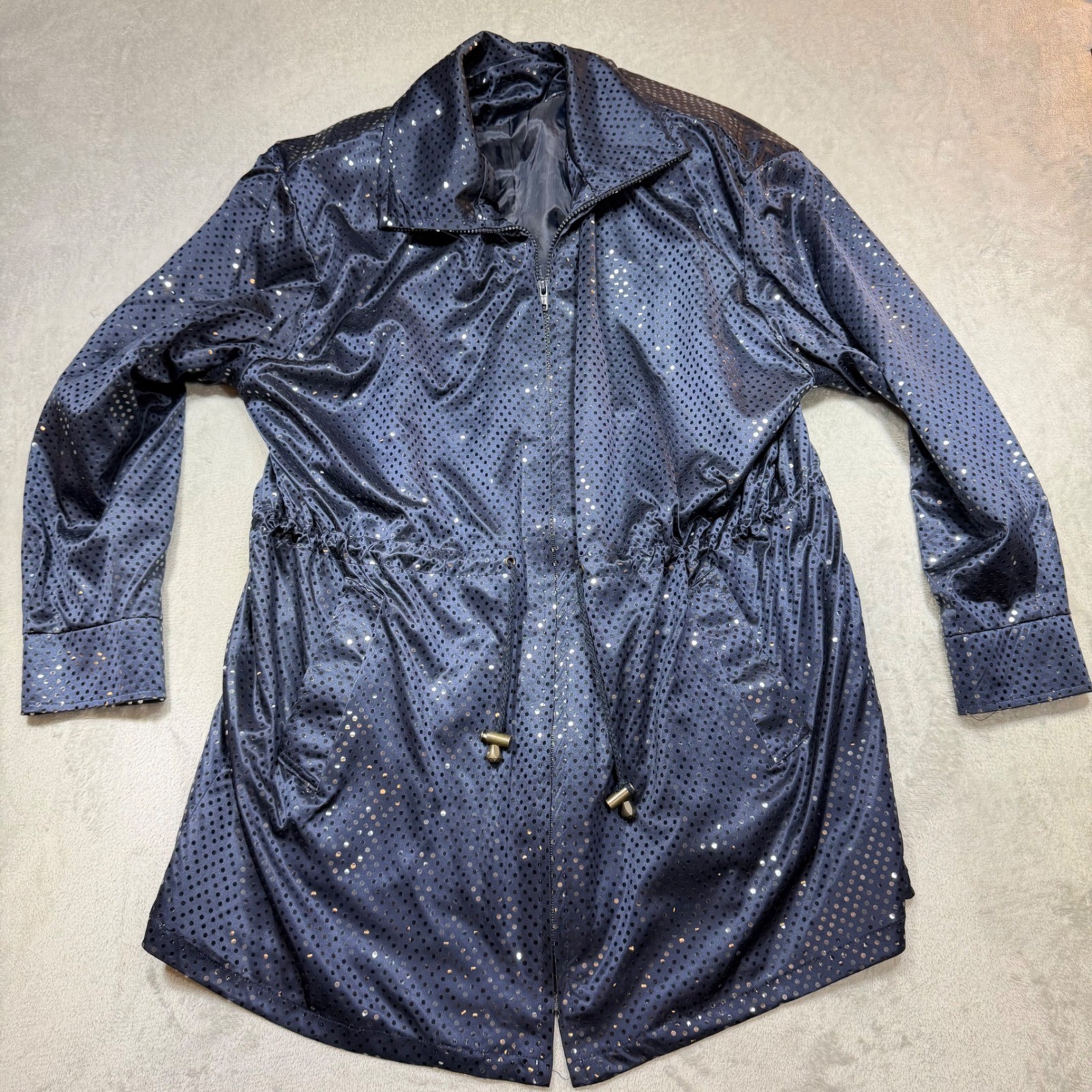 Vintage 90s Navy Blue Metallic Shimmer Polka Dot Zip Up Jacket Drawstring XL