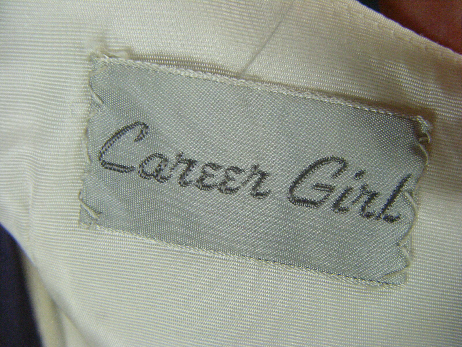 CAREER GIRL Vtg 50s Ivory Crepe/Coral Blue Sequin Beaded Party Dress-Bust 31/2XS