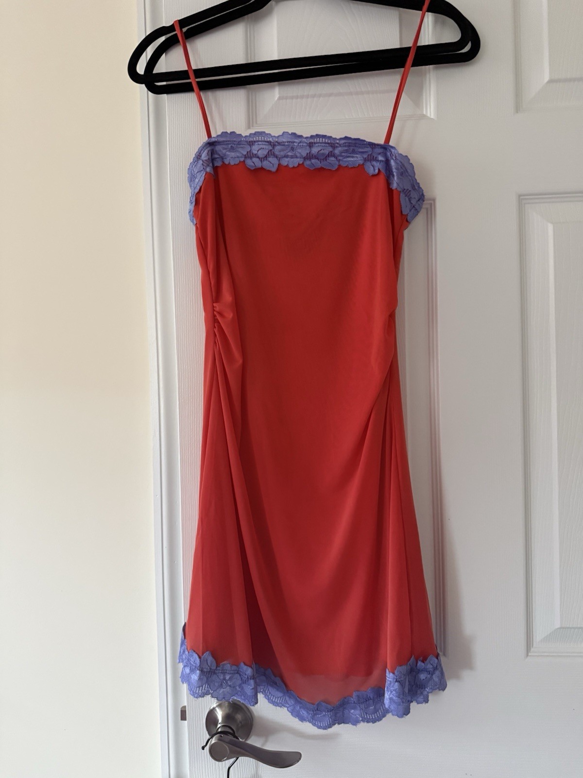 Women’s Red Slip Lingerie with Purple Lace Trim Spaghetti Straps