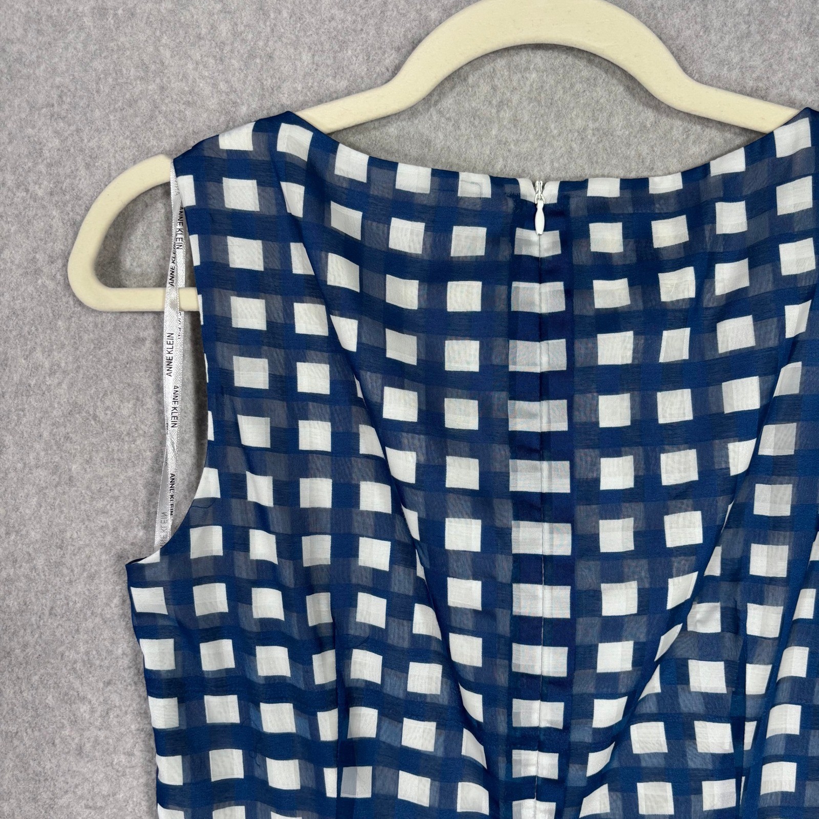 Anne Klein Gingham Pleated Dress Size 6 Blue White Country Retro Mod Cottage