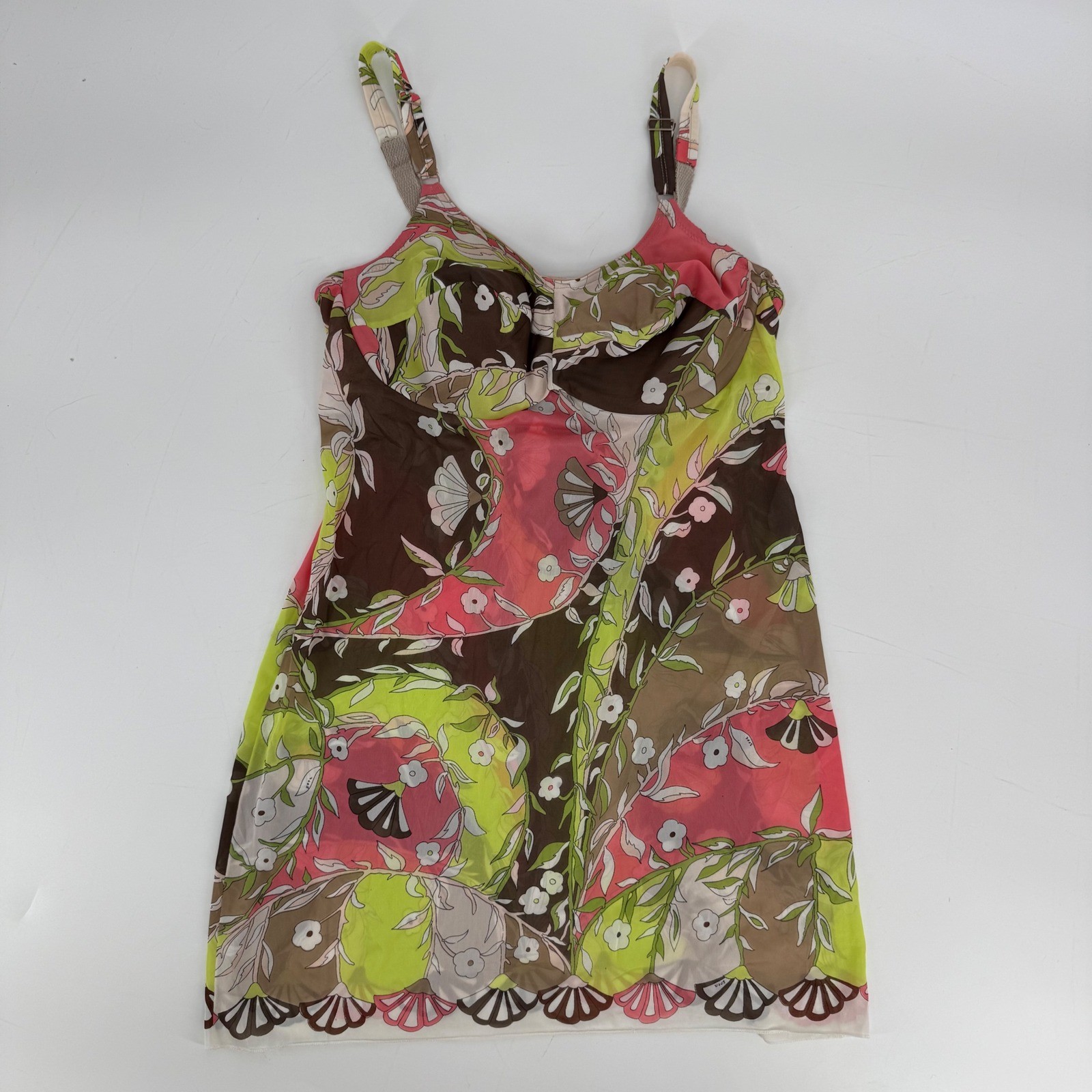 Vintage Emilio Pucci Floral Mesh Lingerie Slip Dress 36D Small Pink Green