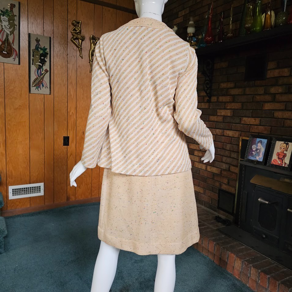 Vtg 70s Mod Rainbow Confetti Knit Oatmeal Stripe Blazer + Mini Shift Dress M/L