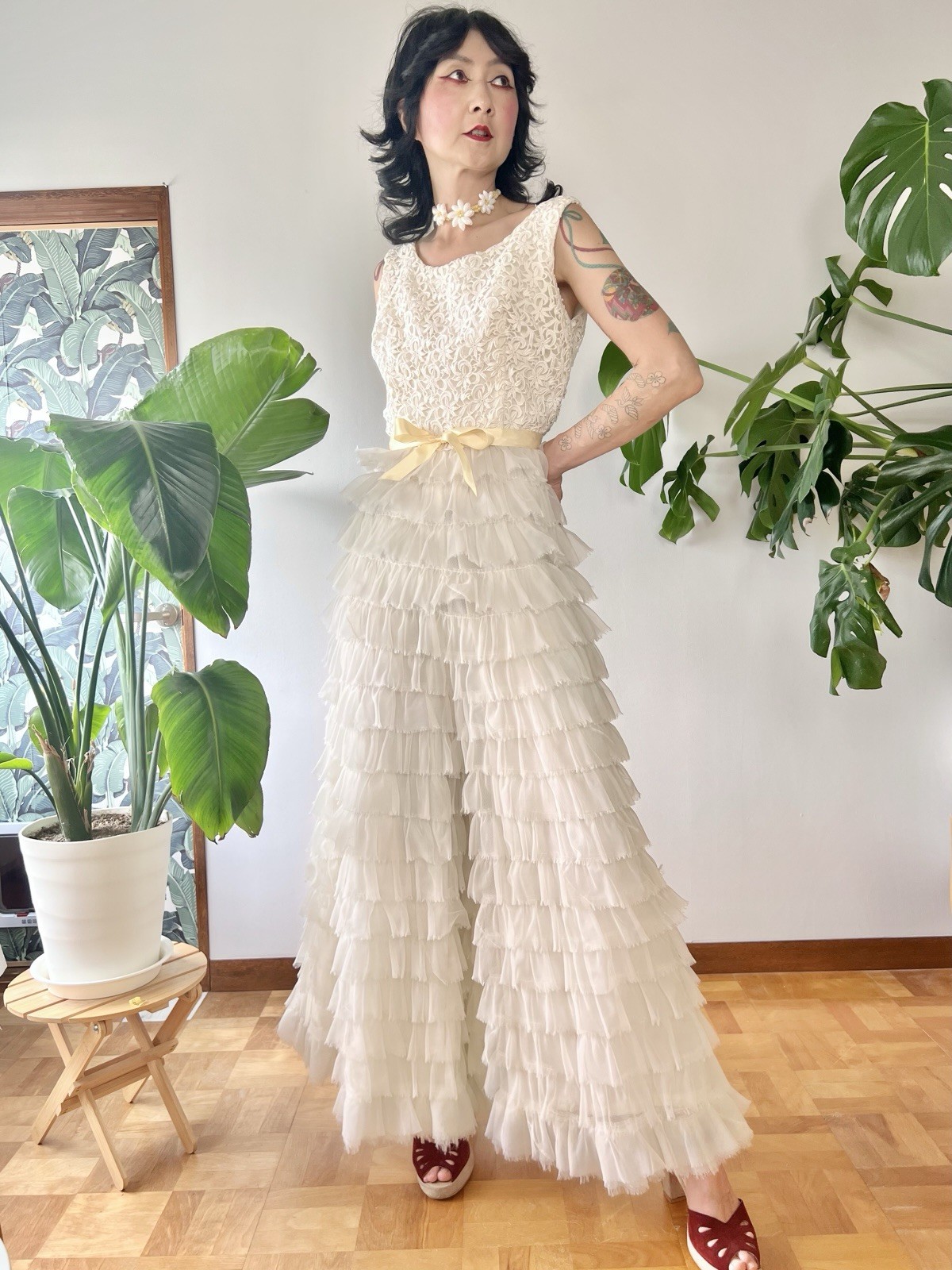 VTG 60s Kadine Lace Palazzo Jumpsuit White Tiered Chiffon Ruffle Mod Bridal S