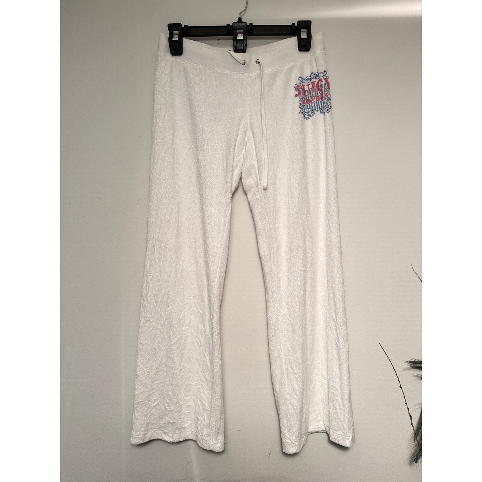 Juicy Couture Vintage Y2K White Velour Wide Leg Track Pants Rhinestone
