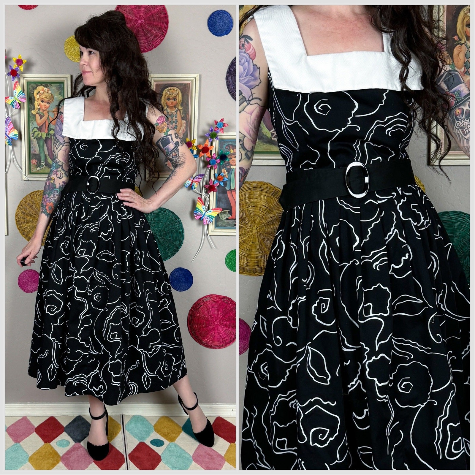 Vintage 1970s Black & White Sleeveless Fit & Flare Cotton Midi Dress | 28&Prime; Waist