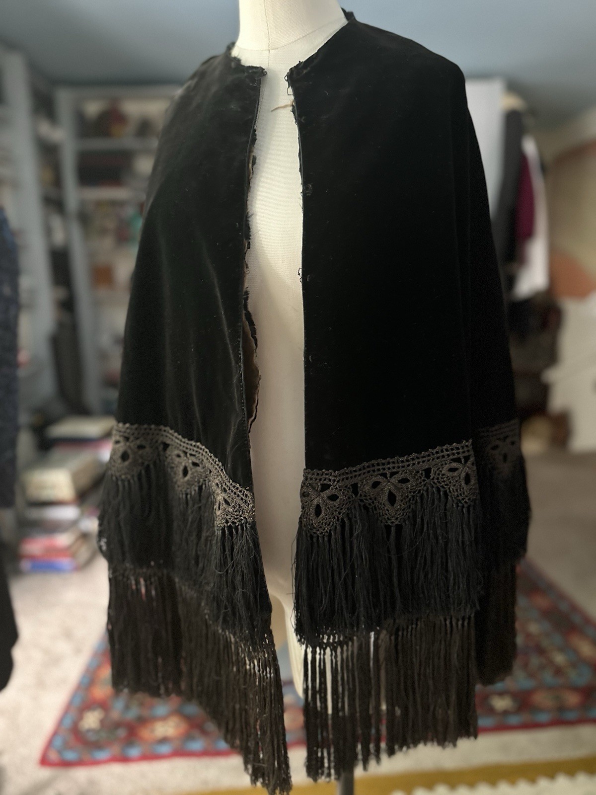 Victorian Velvet Cape With Handmade Silk Fringe Passementerie