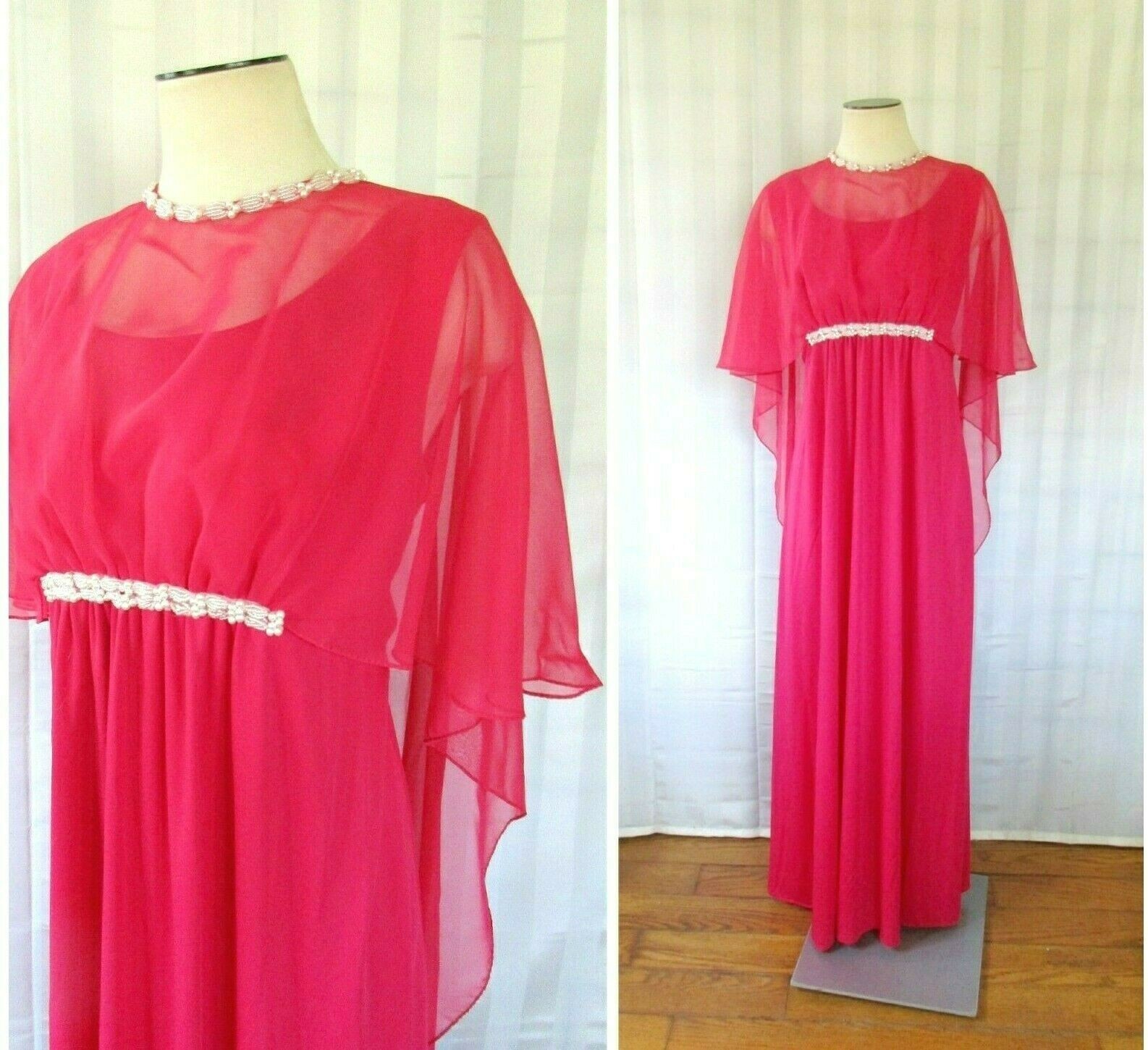 Vintage 1970s Gown Mister Jay Deep Coral Long Dress Sheer Angel Wings 38 40 L XL