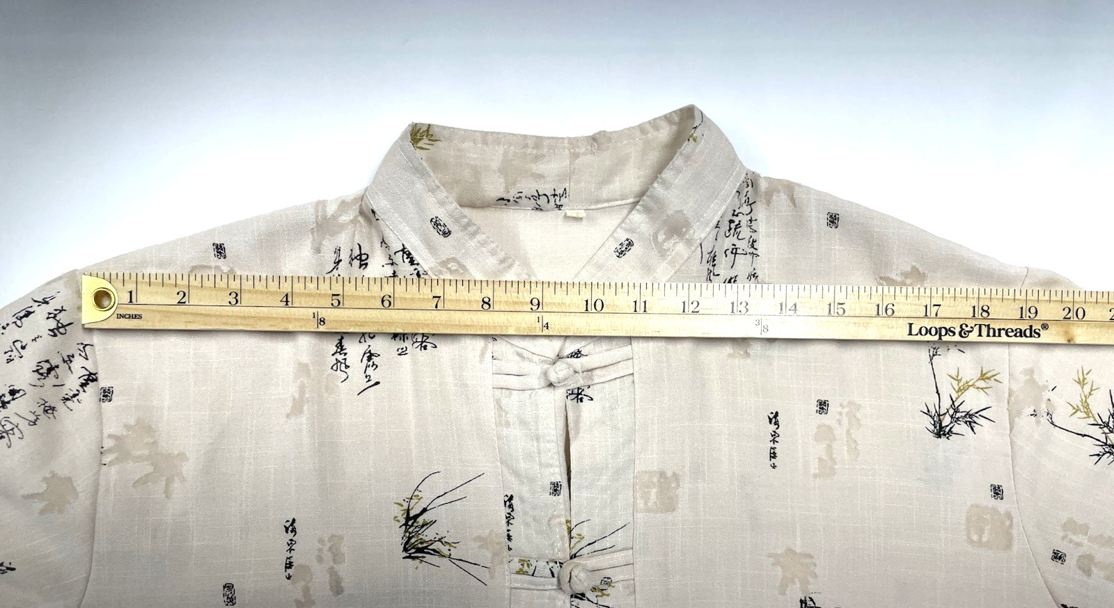 Vintage Mandarin Collar Frog Clasps Burnout Linen Look Oatmeal Boho Artsy L/XL