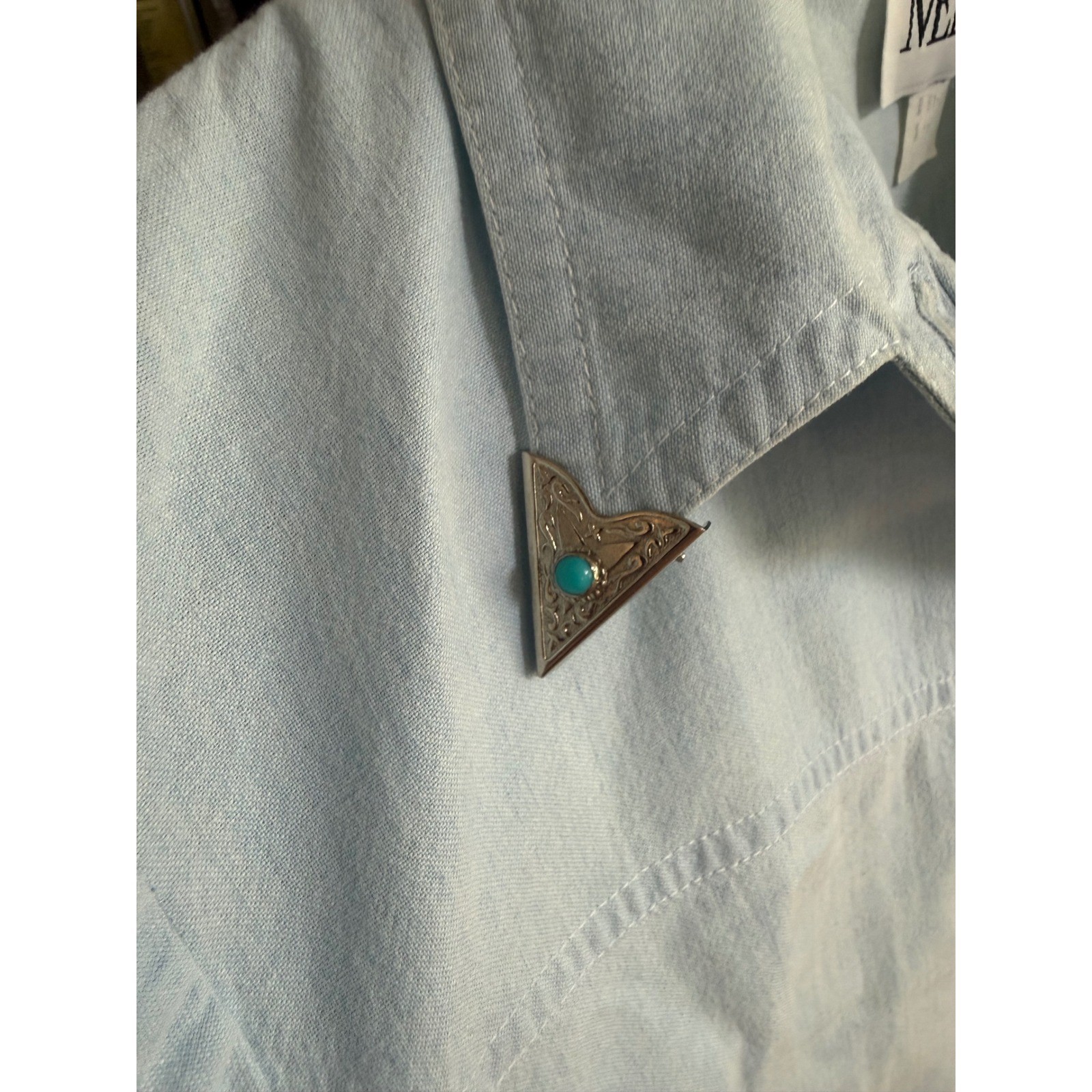 Vintage Melissa Light Blue Cotton Western Dress Metal Collar Tips USA Size 8