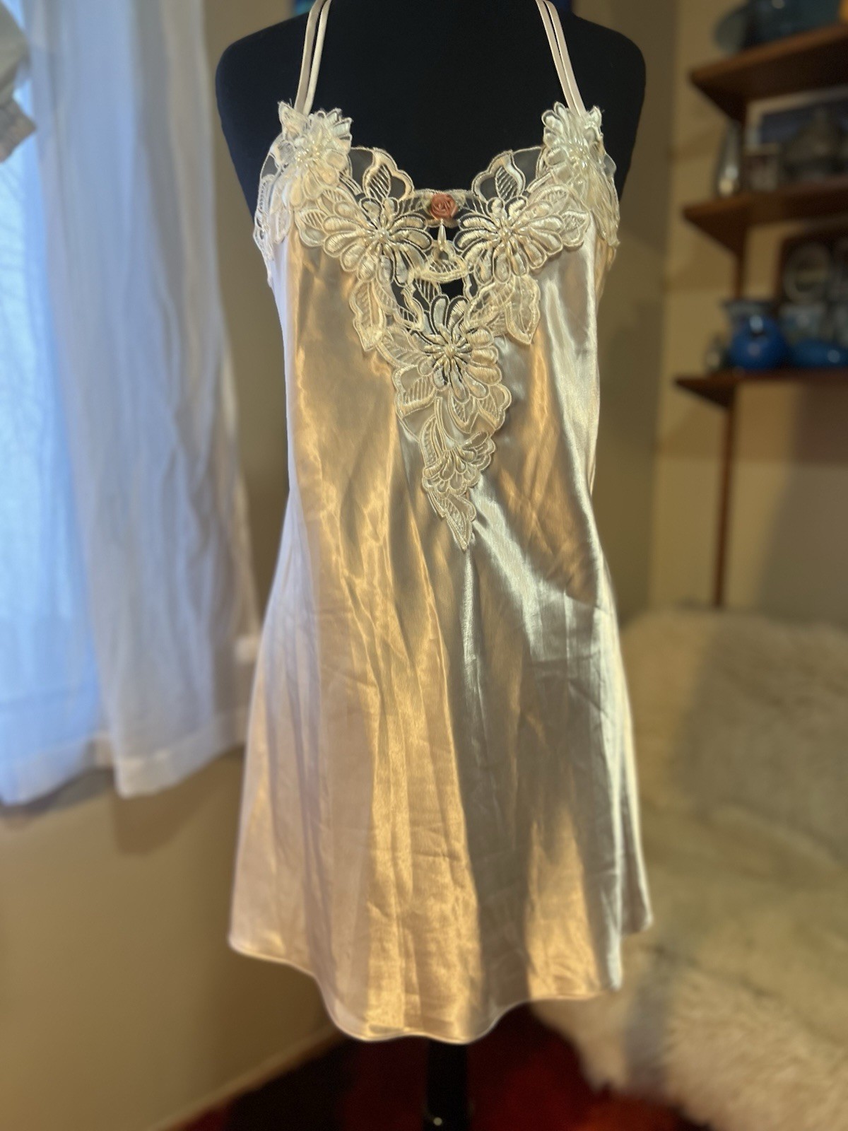 Vtg California Dynasty Shiny Satin Slip Dress USA Strappy Back Large Blush Pink