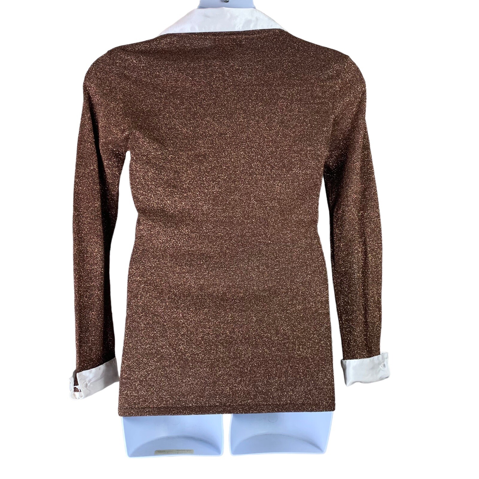 Vintage Blouse Sz Medium Brown Glitter Top Collared Cuffed Long Sleeved Elementz
