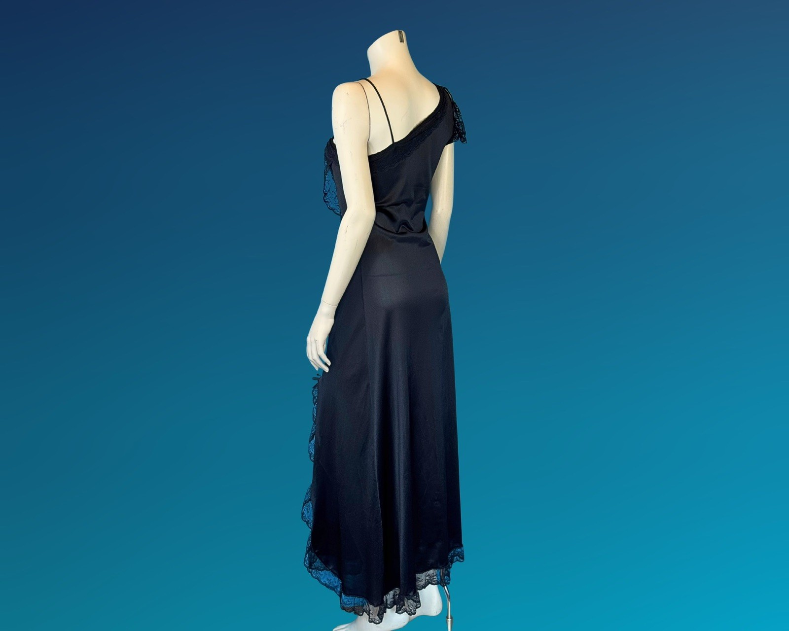 90s Dark Romantic Asymmetrical Black Negligee Slip Dress Nightgown | XS