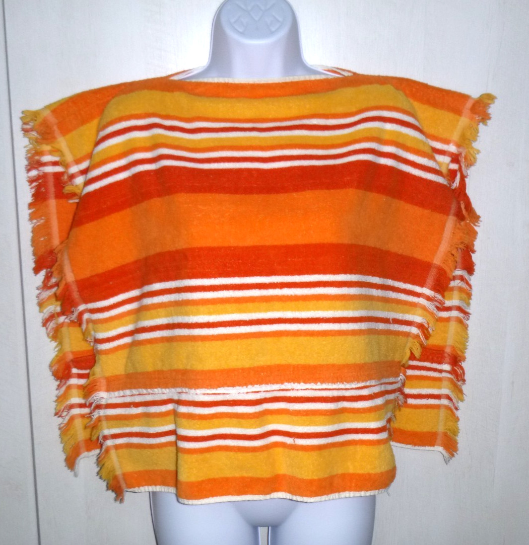 Vtg Terrycloth Towel Serape Poncho Beach Cover-Up Orange Stripes 24&Prime; W x 22&Prime; L