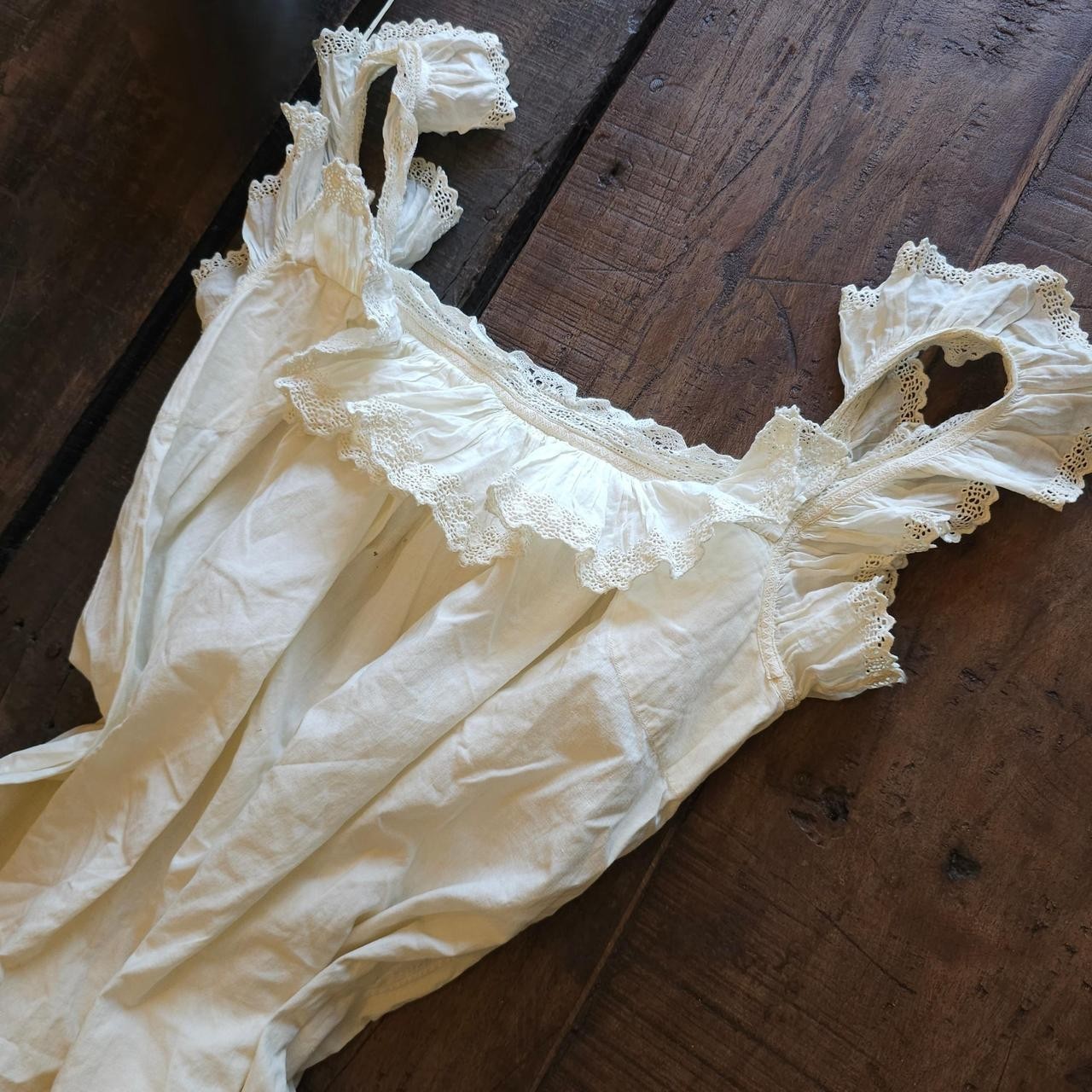 Antique Chemise Cream Lace Trim Slip Midi Dress w/ Ruffled Sleeves Edwardian