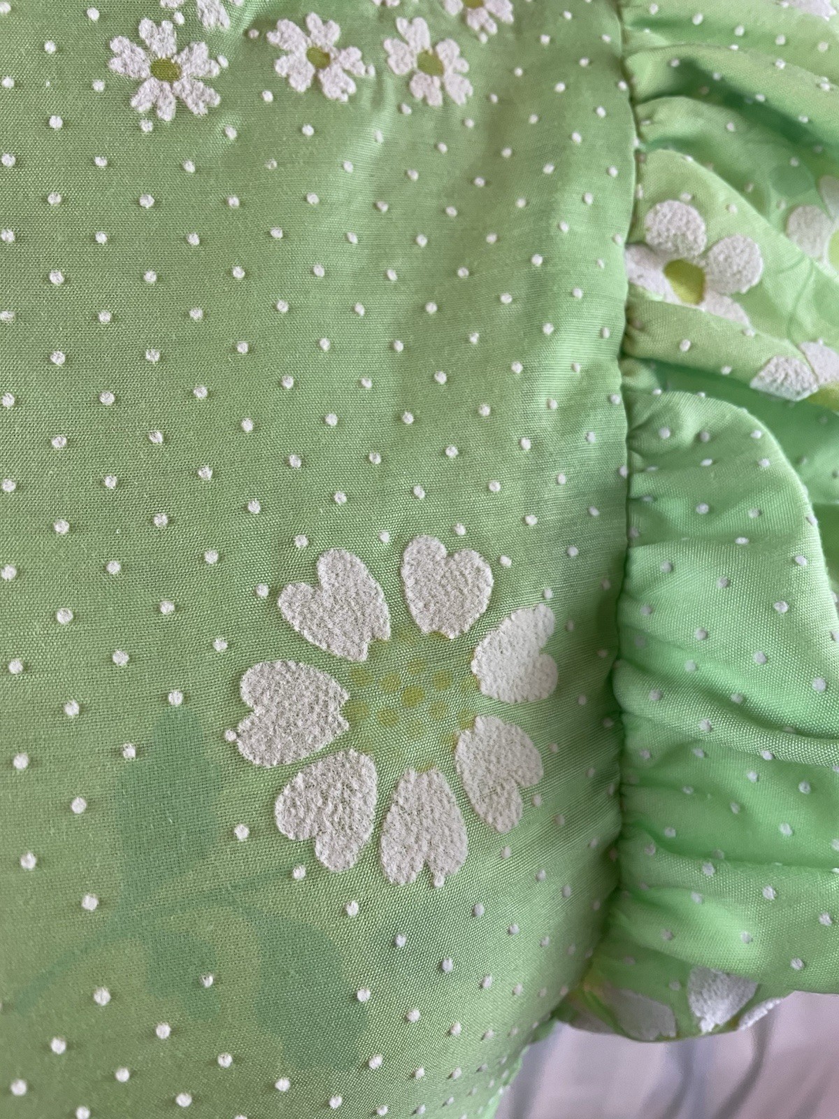 1970s Vtg Maxi Dress Gown Green Flocked dotted swiss daisy Mod Hippie Prom mint